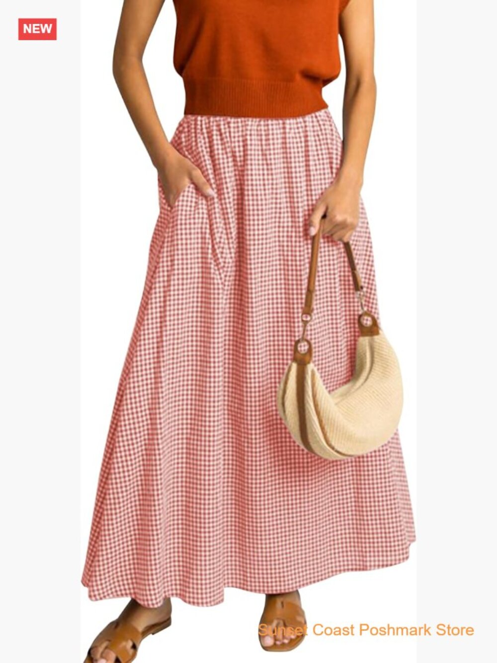Elastic Waist Plaid Maxi Skirt with Pockets A-Line Gingham